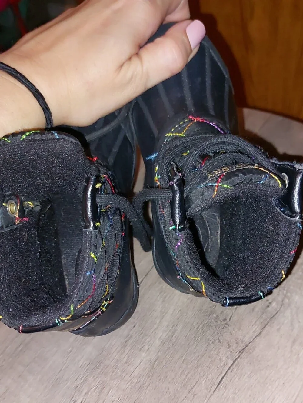 Sperry Black Kids Waterproof Duck Boots with Rainbow Stitching